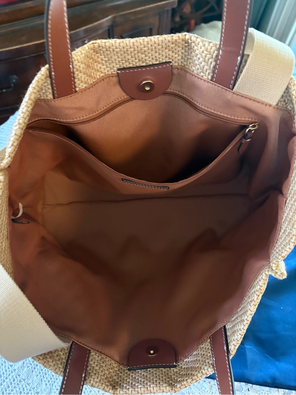 Cole Haan Woven Straw Tote with Brown Leather Handles and Tan Straps - Picture 3 of 4